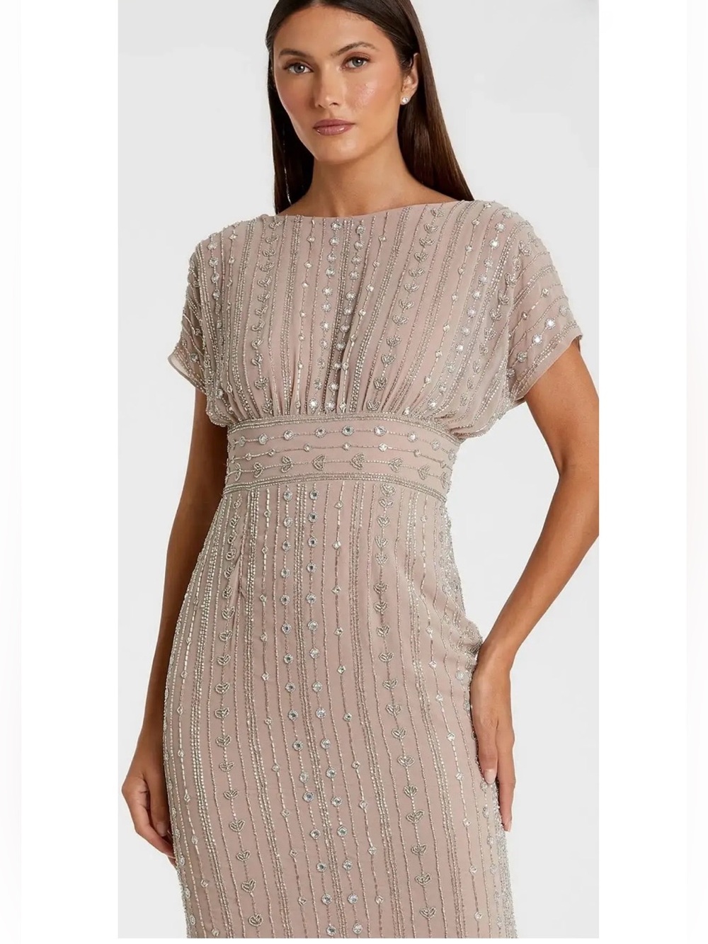 MAC DUGGAL RET. $498 Grecian Empire Waist Fully Beaded Formal Cocktail Dress 8
